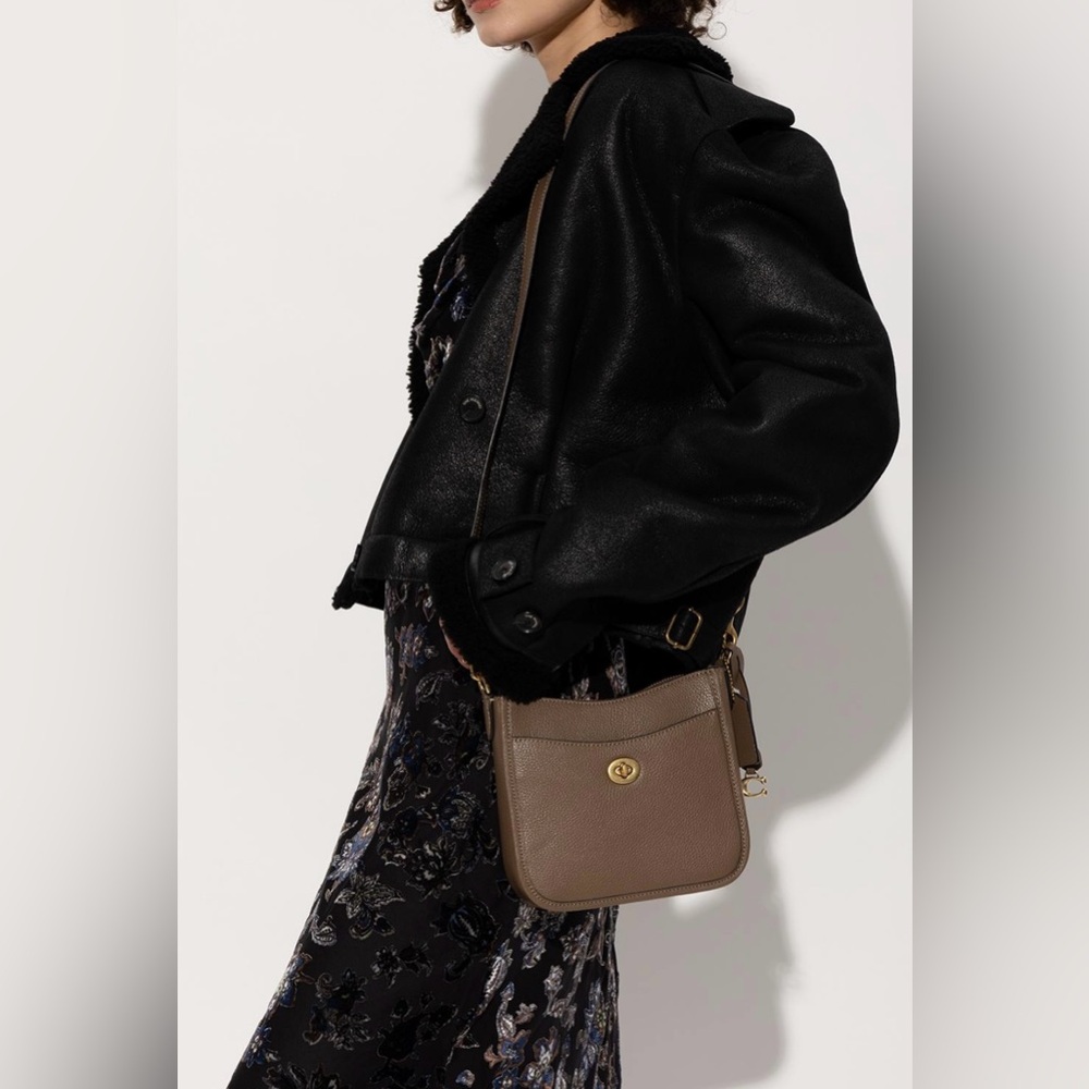 Coach Chaise Brass/Dark Stone Polished Pebble Leather Crossbody - Picture 1 of 10